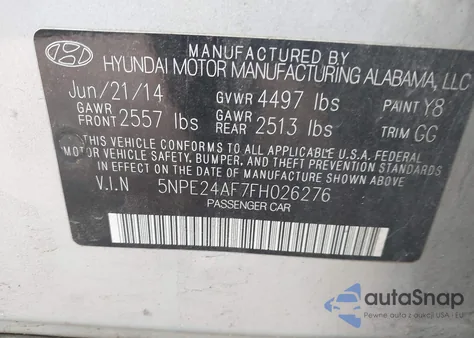 2015 Hyundai Sonata Se from USA, damaged, VIN 5NPE24AF7FH026276